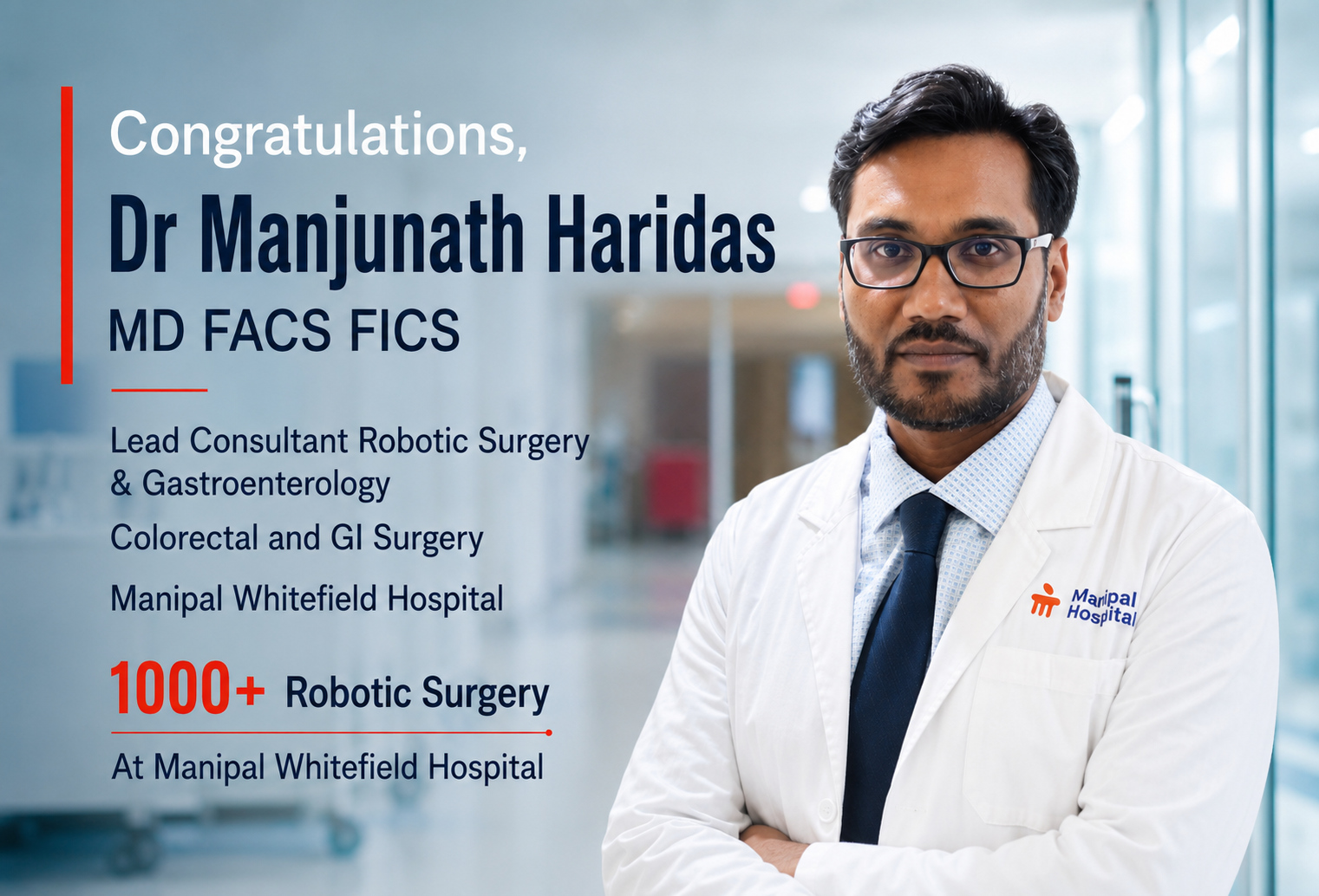 Dr Manjunath Haridas celebrated for his outsanding contribution to Robotic Surgey at Manipal Hospital Whitefield